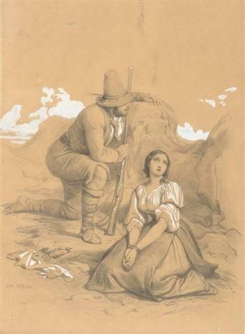 Dominique PAPETY (1815-1849) La captive Pierre noire et rehauts de gouache. Signée...
