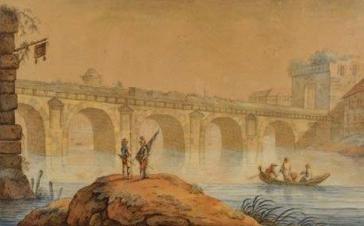 École FRANÇAISE du XVIIIe siècle Pont de Vemino Aquarelle. Titré en bas à gauche...
