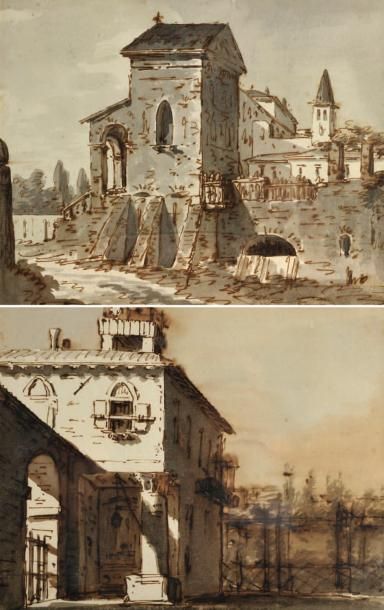 École ITALIENNE du XVIIIe siècle Deux entrées de maison Paire de dessins à l'encre...