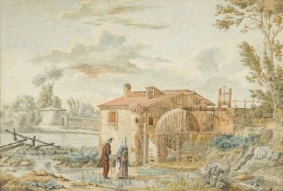 École ITALIENNE du XIXe siècle Paysans au moulin Aquarelle et gouache. 22 x 32,5...
