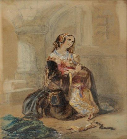 Th. SCHAEPKENS (XIXe siècle) Jeune princesse et son enfant Crayon noir et gouache....