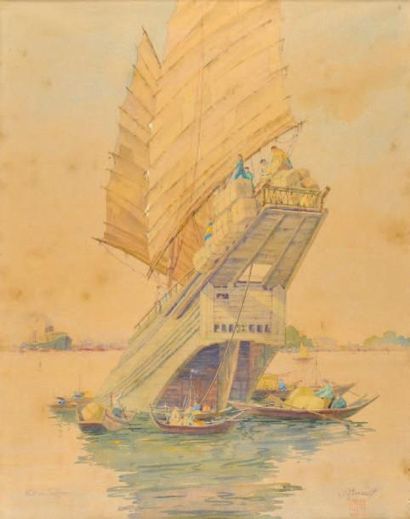 J. RUEDOLF (XXe siècle) Port de Saïgon Aquarelle. Signé en bas à droite. 55,5 x 44...