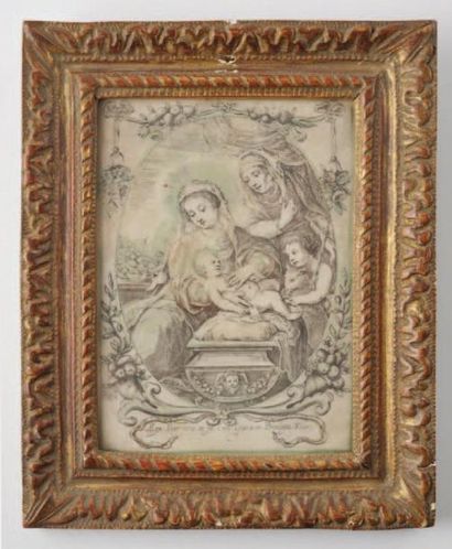 null Vierge à l'enfant avec Sainte Anne et Saint Jean-Baptiste Gravure en noir rehaussée....