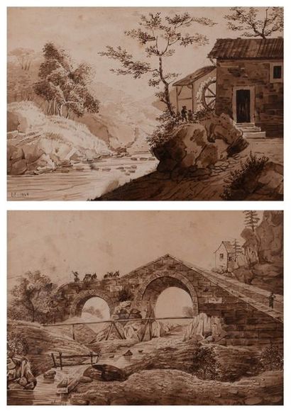 null Ecole FRANÇAISE

du XIXe siècle

- Paysage au moulin à eau

- Paysage au pont...