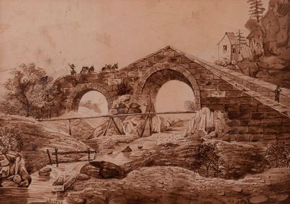 null Ecole FRANÇAISE

du XIXe siècle

- Paysage au moulin à eau

- Paysage au pont...