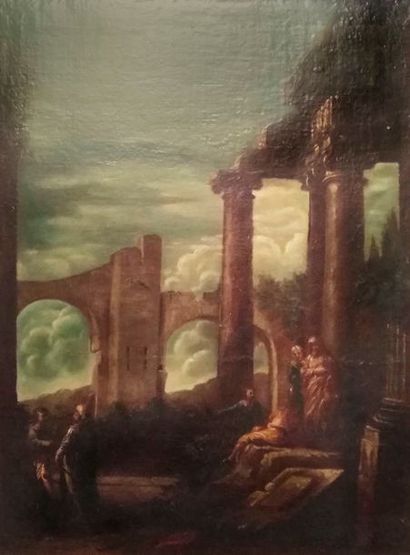 null Ecole ROMAINE du XVIIe siècle 

Paysage de ruines animées 

Huile sur toile...