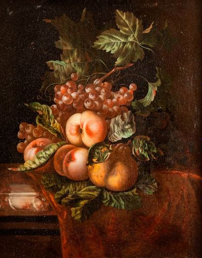 null Ernst STUVEN

(Hambourg 1657-Rotterdam 1712)

Pommes et raisins sur un entablement

Toile

49...