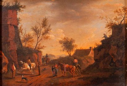 null Ecole HOLLANDAISE du XVIIIe siècle

Paysage animé de cavaliers et chiens

Huile...