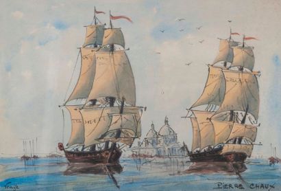 Pierre CHAUX, navires, Venise,aquarelle 28...