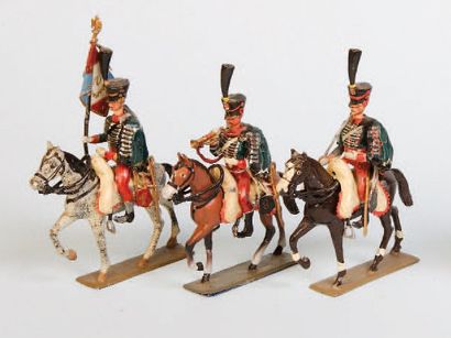 null LUCOTTE 1er Empire. 8e Hussards à cheval. 1 porte étendard, 1 trompette, 7 Hussards....