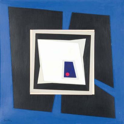 BOTT Francis (1904-1998) Composition sur fond bleu Technique mixte sur carton et...