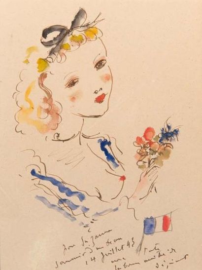 DIGNIMONT André 1891-1965) Portrait de jeune femme au bouquet Aquarelle gouachée...