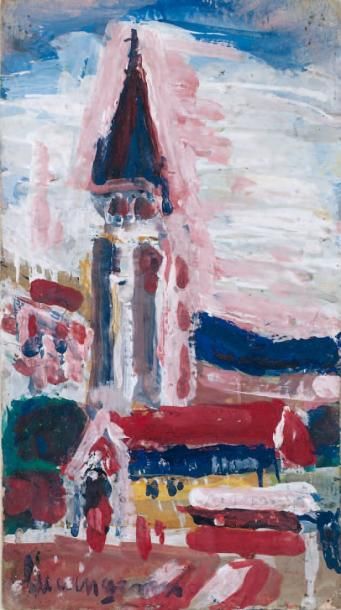 GENIN Lucien (1894-1953) Eglise Gouache signée en bas à gauche 16,5 x 9,5 cm Provenance:...