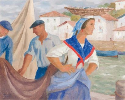 ARRUE Ramiro (1892-1971) Pêcheurs et marchande de poissons Huile sur papier, signée...