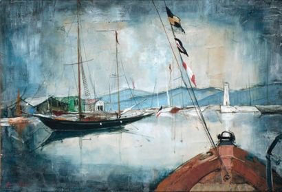 VIGNON Victor (1847-1909) L'arrivée au port, vue sur le voilier et le phare Huile...