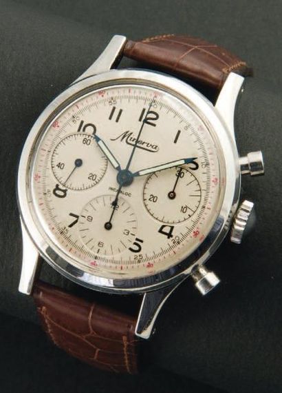MINERVA (chronographe Tri-Compax), vers 1954 Chronographe en acier à fond vissé (signé...