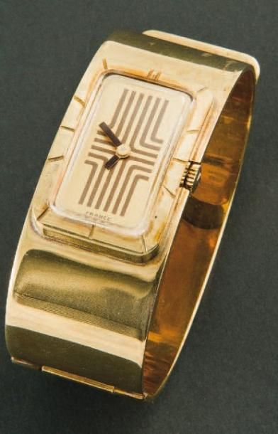 LANVIN (Bracelet de Force Rectangle / Plaqué Or), vers 1975 Montre rectangulaire...
