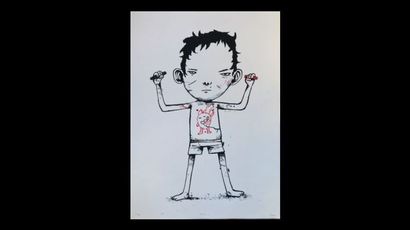 DRAN (Français, né en 1979) Allo? Sérigraphie en noir rehaussée au pastel rouge....