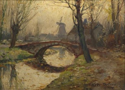 TERLOUW Kees (1890-1948) Vue sur le pont et le moulin Huile sur toile, signée en...