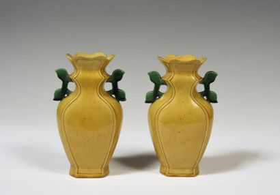 null 
Chine

Paire de vases en biscuit émaillé jaune, les anses à fond vert.

XIXe...