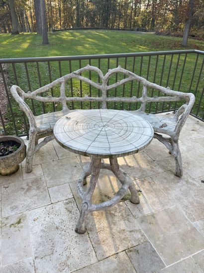 null Slightly rounded bench and pedestal table in reconstituted stone cement simulating...