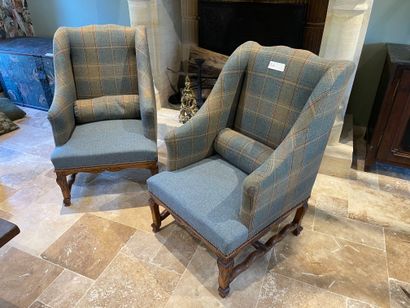  Two armchairs forming a pair, carved wood sheepskin with foliage and high back with...