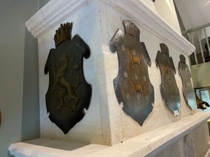 null Set of five cardboard coats of arms with painted and cut-out animal subjects...