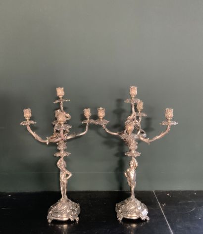 Pair of candelabras in silvered bronze with...