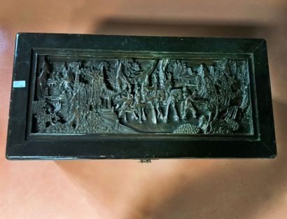 null Small wooden chest carved in bas-relief with landscape and pagoda decoration,...