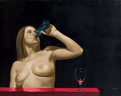 Roland DELCOL (né en 1942) Femme au verre Huile sur toile, signée en bas à droite...