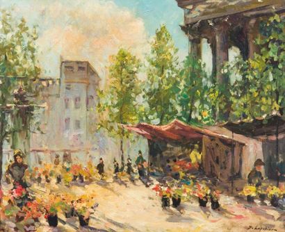 Georges LAPCHINE (1885-1950) Marché aux fleurs, place de la Madeleine Huile sur toile,...