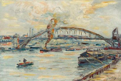 Gustave MADELAIN (1867-1944) Quai de la Rapée, Paris Huile sur toile, signée en bas...