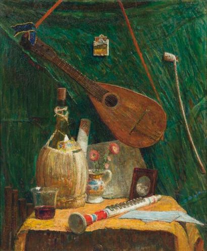 Ludovic VALLEE (1864-1939) Nature morte à la mandoline Huile sur toile, signée en...