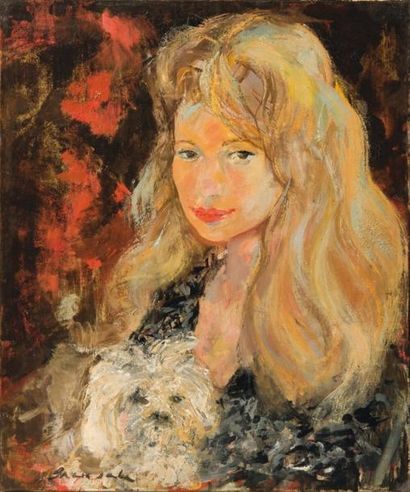 Emilio GRAU SALA (1911-1975) Portrait de femme au chien Huile sur toile, signée en...