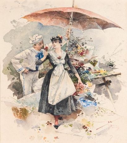 Ivan Ivanovitch KOWALSKI (XIX-XX) La petite marchande de fleurs Aquarelle sur papier,...