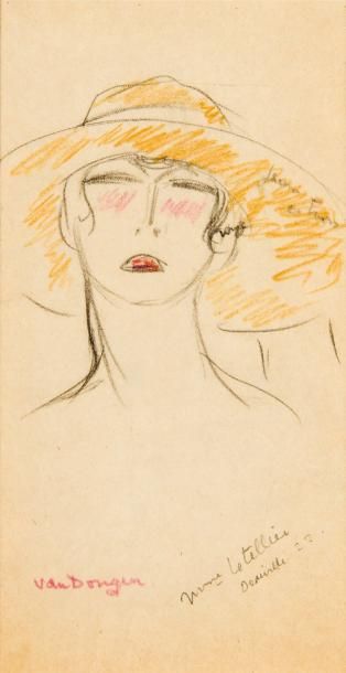 Kees VAN DONGEN (1877-1968) Femme au chapeau jaune Dessin signé en bas à gauche,...