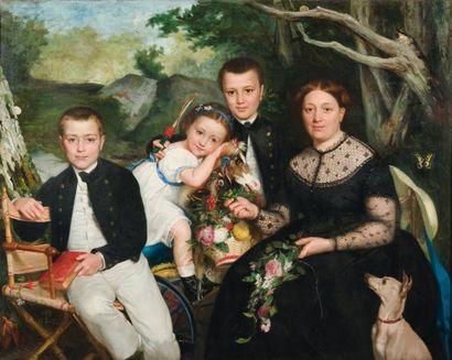 Ecole du Nord XIXe siècle Portrait de famille Huile sur toile, signée du monogramme...
