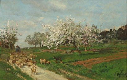 Alexandre DEFAUX (1826-1904) Troupeau de moutons près des arbres en fleur Huile sur...