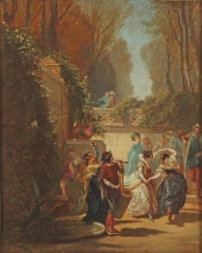 Henri Charles ANTOINE (1816-1885) Fête galante dans le parc Huile sur toile, signée...