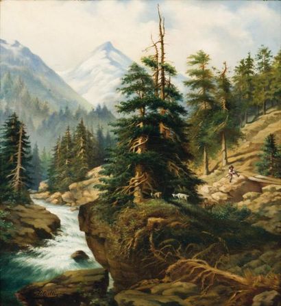 PETRELLE XXe Paysage de montagne Huile sur toile, signée en bas à gauche 58 x 48,5...