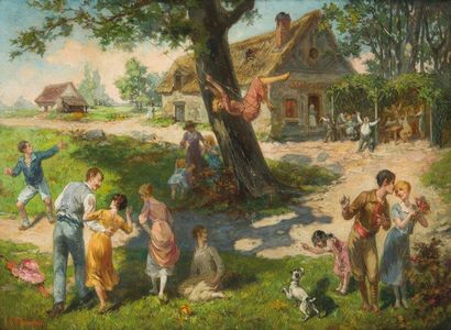 Victor THEVENIN (XIXe siècle) Au jardin Huile sur toile, signée en bas à gauche 38...