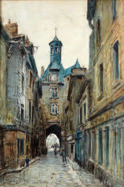 BOGGS FRANK 1855-1926 Rue animée à Amboise Fusain et aquarelle signé, situé et daté...