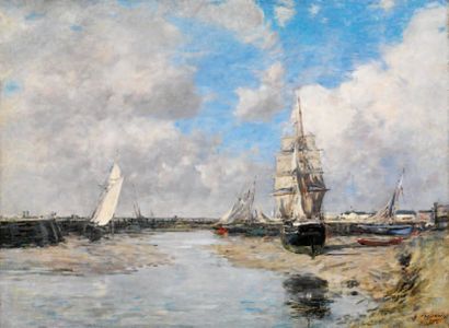 BOUDIN EUGÈNE 1824-1898 Voiliers à Trouville, les jetées marée-basse Huile sur toile...