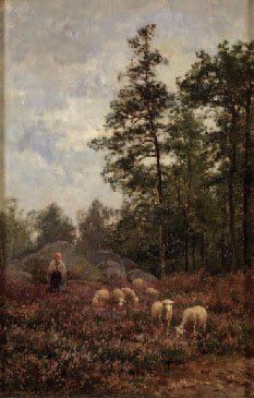 CHAIGNEAU LOUIS-FERDINAND 1830-1906 Gardienne et son troupeau en forêt de Barbizon...