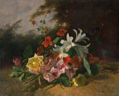 ECOLE DE DAVID EMILE JOSEPH DE NOTER 1825-1892 Jetée de lys et de roses Huile sur...