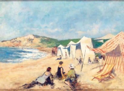 ECOLE FRANÇAISE XIXe - XXe Plage en Normandie Huile sur panneau 28,8 x 38,5 cm
