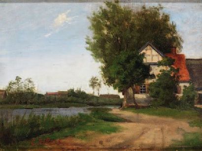 EILERS CONRAD 1845-1914 Maison près du grand arbre Huile sur toile contrecollée sur...