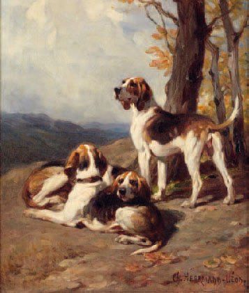 HERRMANN-LEON CHARLES 1838-1908 Chiens de Chasse au relais Huile sur toile signée...