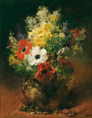 JEANNIN GEORGES 1841-1925 Bouquet d'anémones Huile sur toile signée en bas à droite...