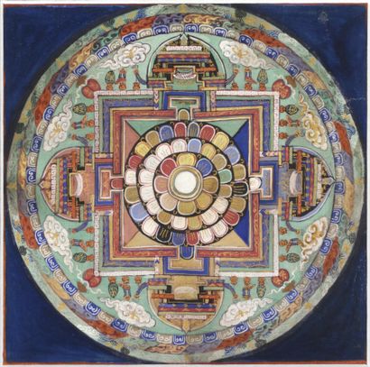 null Mandala
Mongolie, circa XIXe siècle
Détrempe sur toile.
13 x 13,5 cm
Curieux...